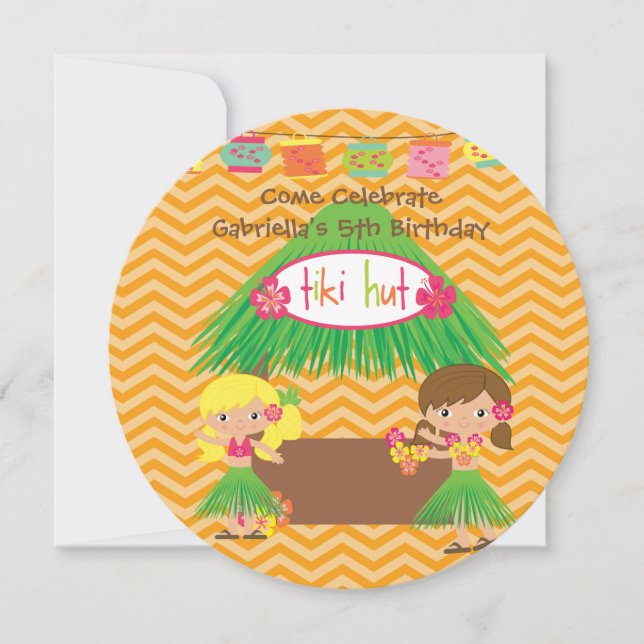 Hula Girls Tiki Hut Round Luau Birthday Invitation (Front)