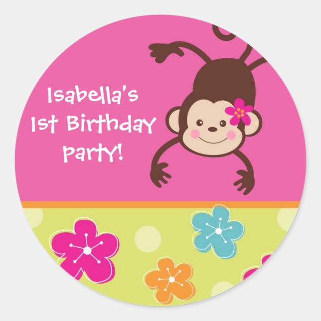 Hula Monkey Luau Bithday Party Favour Stickers (Front)