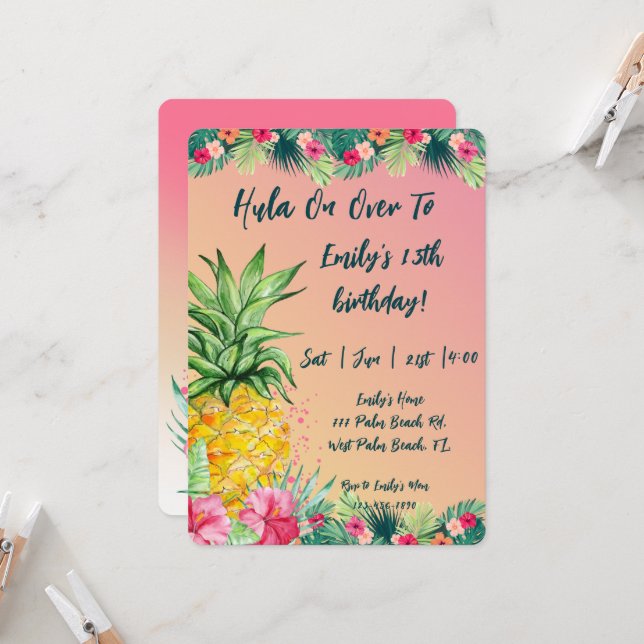 Hula on Over Tropical Sunset Pineapple Birthday  Invitation (Front/Back In Situ)