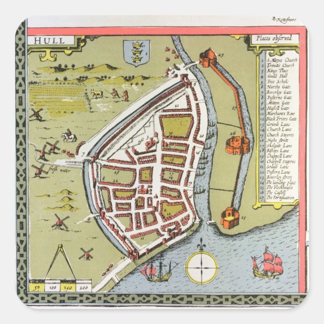Hull, detail from map of North and East Ridings Square Sticker (Front)