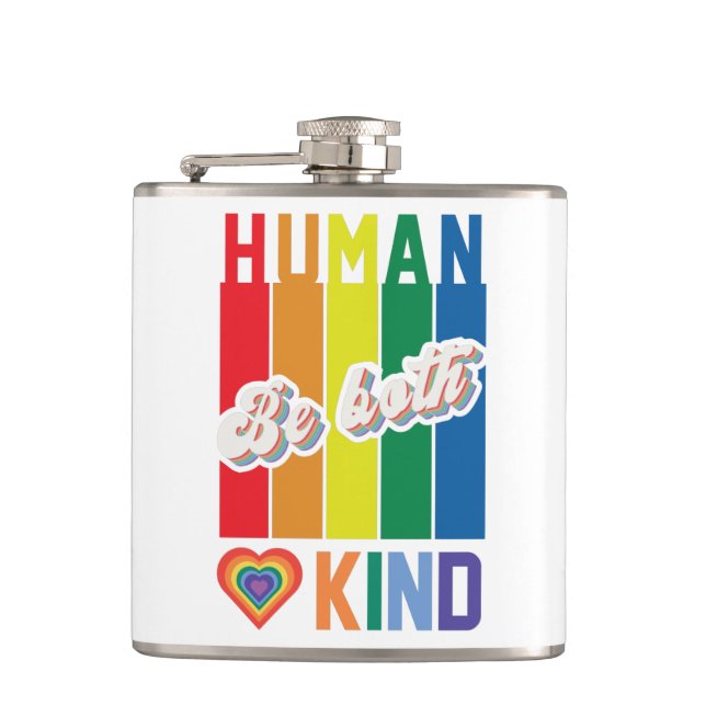 Human | Be Kind | Rainbow | LGBTQ Hip Flask (Front)