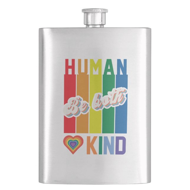 Human | Be Kind | Rainbow | LGBTQ Hip Flask (Front)
