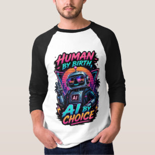 Human By Birth Ai By Choice Funny Neon Robotic T-Shirt