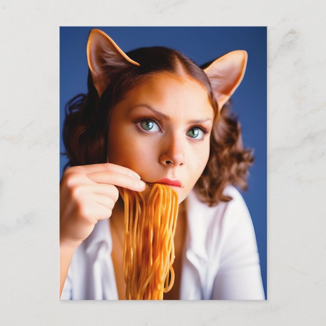 Human Cat Eating Spaghetti Postcard (Front)