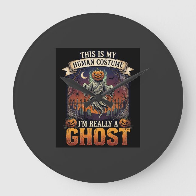 Human Costume Ghost Pumpkin Head Graveyard Spider  Large Clock (Front)