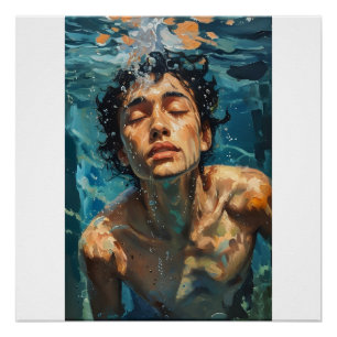 Human figure in the water oil painting art poster