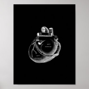 Human Heart Anatomy in Black and White Print