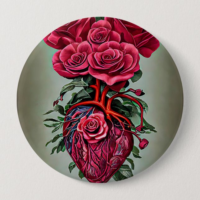 Human Heart with Red rose flowers surreal art  10 Cm Round Badge (Front)