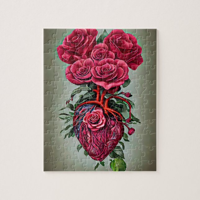 Human Heart with Red rose flowers surreal art  Jigsaw Puzzle (Vertical)