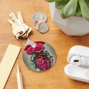 Human Heart with Red rose flowers surreal art Key Ring