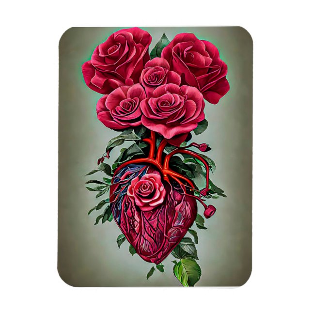 Human Heart with Red rose flowers surreal art  Magnet (Vertical)