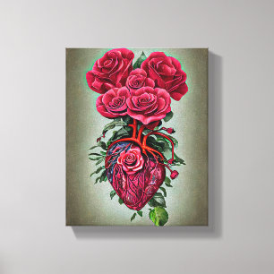 Human Heart with Red rose flowers surreal art Post Canvas Print