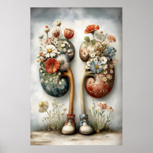 Human Kidney With Flowers Print, Anatomy Boho Poster