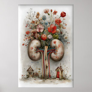 Human Kidney With Flowers Print, Anatomy Painting Poster