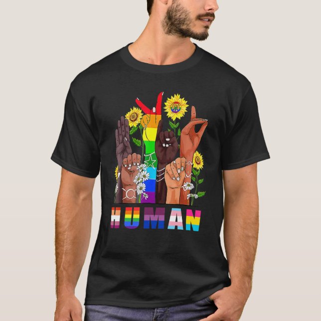 Human Sign Language Hand Talking Lgbtq+ Gay Les Pr T-Shirt (Front)