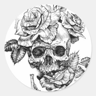 Human skull and roses black ink drawing classic round sticker