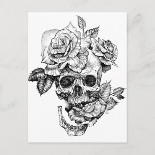 Human skull and roses black ink drawing postcard