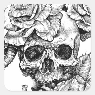 Human skull and roses black ink drawing square sticker