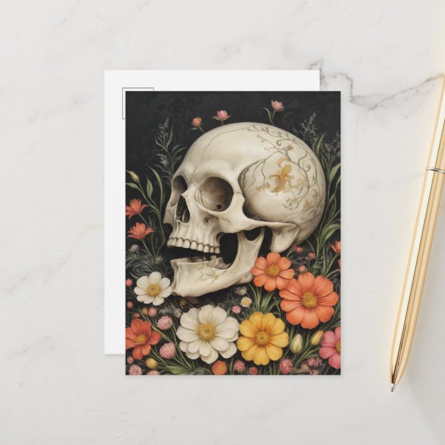 Human Skull in Flowers Postcard (Front/Back In Situ)