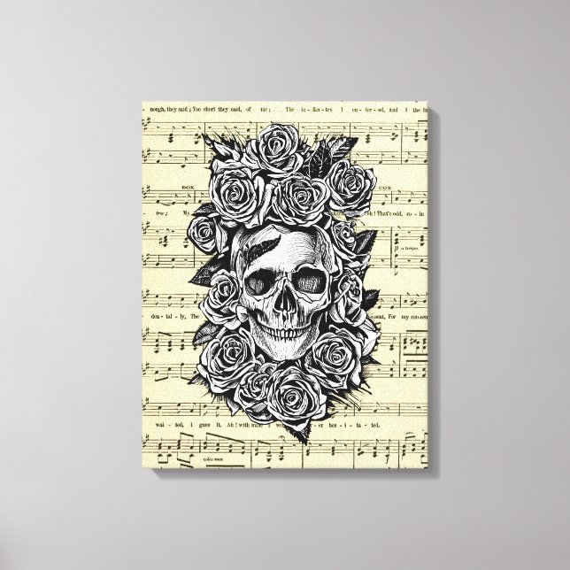 Human Skull Roses Goth Biker Art Illustration Canvas Print (Front)