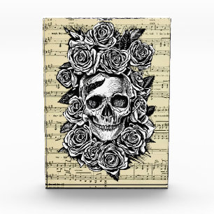 Human Skull Roses Goth Biker Art Illustration Photo Block