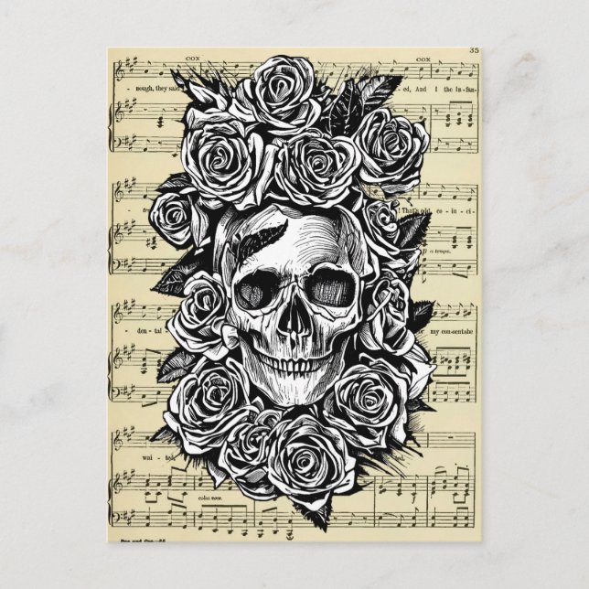 Human Skull Roses Goth Biker Art Illustration Postcard (Front)