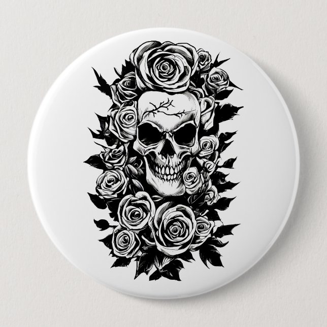 Human Skull Roses Goth Original ink drawing Art  B 10 Cm Round Badge (Front)
