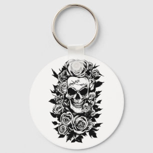 Human Skull Roses Goth Original ink drawing Art Key Ring