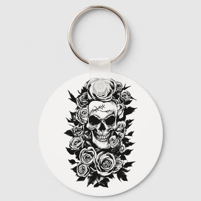 Human Skull Roses Goth Original ink drawing Art   Key Ring (Front)