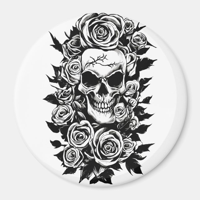 Human Skull Roses Goth Original ink drawing Art  Magnet (Front)
