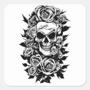 Human Skull Roses Goth Original ink drawing Art   Square Sticker