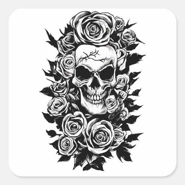 Human Skull Roses Goth Original ink drawing Art   Square Sticker (Front)