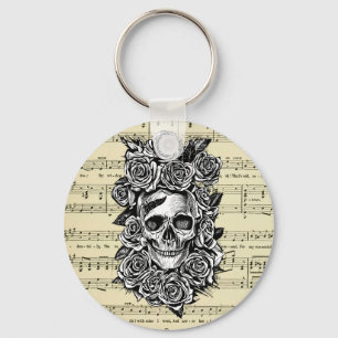 Human Skull Roses sheet music Art Illustration Key Ring