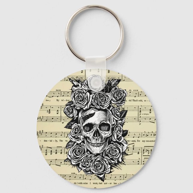 Human Skull Roses sheet music Art Illustration Key Ring (Front)