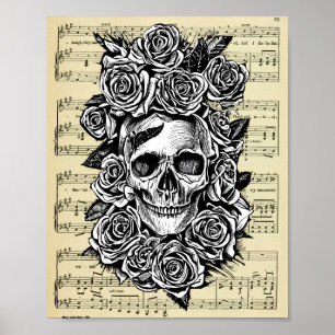 Human Skull Roses sheet music Art Illustration Poster