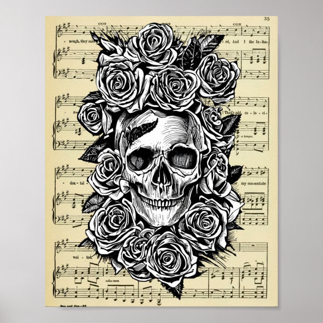Human Skull Roses sheet music Art Illustration Poster (Front)