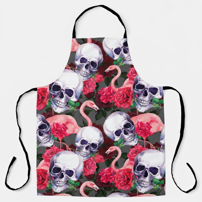 Human skull with flamingo and red rose flowers sea apron (Front)