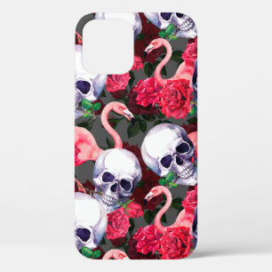 Human skull with flamingo and red rose flowers sea iPhone 12 case