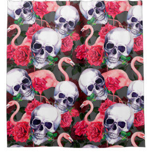 Human skull with flamingo and red rose flowers sea shower curtain