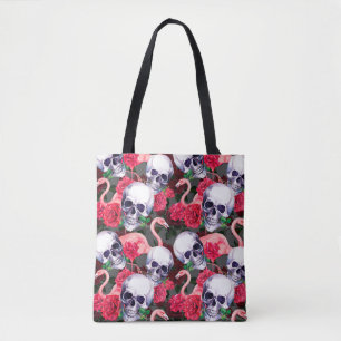 Human skull with flamingo and red rose flowers sea tote bag