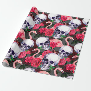 Human skull with flamingo and red rose flowers sea wrapping paper