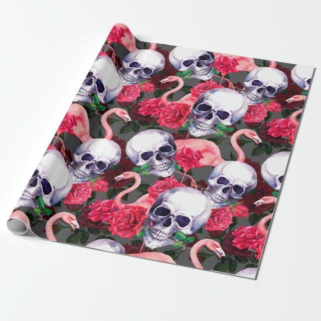 Human skull with flamingo and red rose flowers sea wrapping paper (Unrolled)