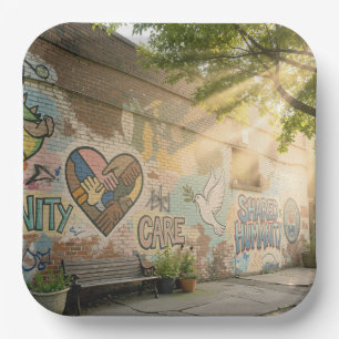 Humanity Symbolic Graffiti On Brick Wall Mural Paper Plate