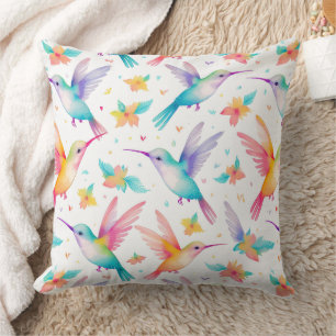 Humming bird and floral pastel watercolor pattern cushion