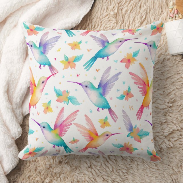 Humming bird and floral pastel watercolor pattern cushion (Blanket)