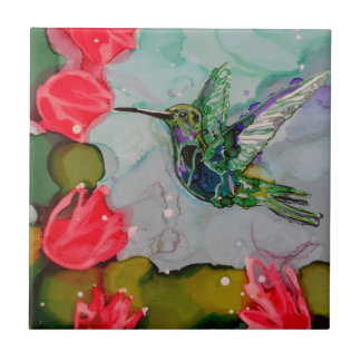 Humming Bird And Red Flowers Tile