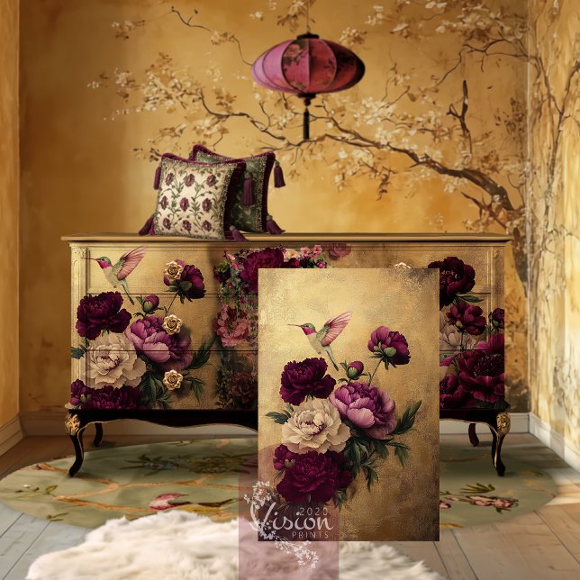 Humming Bird & Floral, Burgundy & Gold Background Tissue Paper (Romantic Hummingbird & Peony Floral, Gold leaf effect, Patina Background Decoupage Tissue Paper)