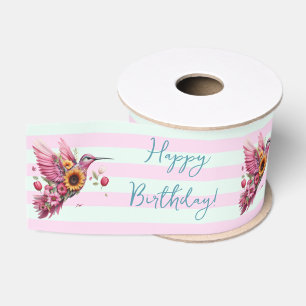 Humming bird flying Happy Birthday Grosgrain Ribbon
