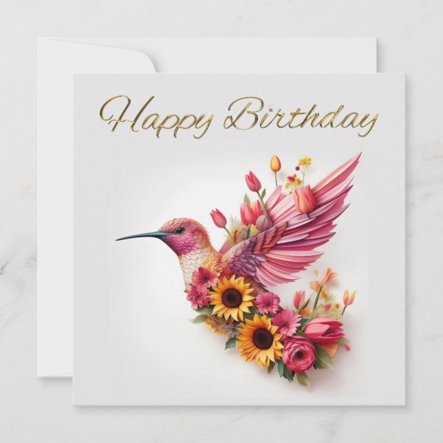 Humming bird flying with flowers Happy Birthday (Front)