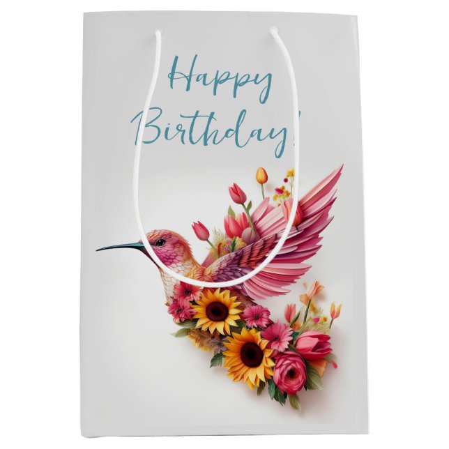 Humming bird flying with flowers Happy Birthday Medium Gift Bag (Front)